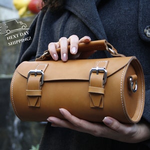 Classic style leather shoulder bag, Leather satchel for women, barrel bag, retro model cylinder bag, Crossbody bag, Round bag, Box bag image 1