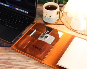 Monogramowane skórzane portfolio, teczka A5, skórzane etui podróżne, personalizowany skórzany organizer, uchwyt na dokumenty, prezent na Dzień Ojca