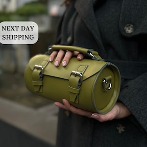 Green leather shoulder bag, Leather Barrel Bag, Custom Handbag, Leather Bag Women, Christmas Gift for Her, Gift for her, Gifts for mom