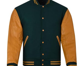 Wool Varsity Letterman Jacket with Leather Sleeves - Vintage Style