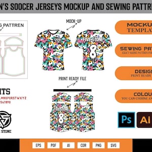 Op de afbeelding: Een digitaal ontwerpsjabloon voor voetbalshirts met een meerkleurig camouflagepatroon. De set bevat naaipatronen, mock-ups van de voor- en achterkant van het shirt met de tekst FIVE STONE en het cijfer 8, een lettertype en een logo. Bestandsformaten zijn EPS, PDF, AI, CDR, PNG en SVG.