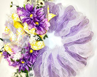 Purple wreath, all season wreath, purple & white wreath,floral wreath, spring wreath, summer wreath
