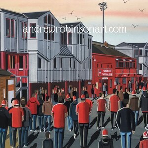 York C. Retro Bootham Crescent football stadium. Ready to hang framed & mounted City art print. Ideal wall art football club F.C memorabilia gift for birthdays, Christmas, Father’s Day. Perfect addition to any home or office. By artist Andrew Robinson.