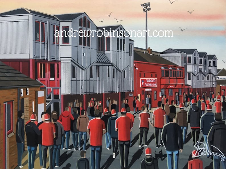 York C. Retro Bootham Crescent football stadium. Ready to hang framed & mounted City art print. Ideal wall art football club F.C memorabilia gift for birthdays, Christmas, Father’s Day. Perfect addition to any home or office. By artist Andrew Robinson.