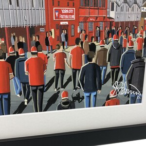 York C. Retro Bootham Crescent football stadium. Ready to hang framed & mounted City art print. Ideal wall art football club F.C memorabilia gift for birthdays, Christmas, Father’s Day. Perfect addition to any home or office. By artist Andrew Robinson.