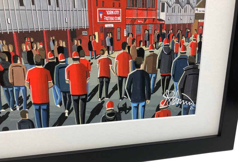 York C. Retro Bootham Crescent football stadium. Ready to hang framed & mounted City art print. Ideal wall art football club F.C memorabilia gift for birthdays, Christmas, Father’s Day. Perfect addition to any home or office. By artist Andrew Robinson.