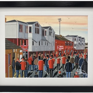 York C. Retro Bootham Crescent football stadium. Ready to hang framed & mounted City art print. Ideal wall art football club F.C memorabilia gift for birthdays, Christmas, Father’s Day. Perfect addition to any home or office. By artist Andrew Robinson.