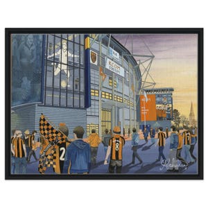 Estadio de fútbol del Hull. Impresión artística en lienzo enmarcada. Arte mural del FC, regalos y recuerdos de la afición del City.