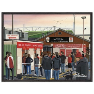 Woking, Kingfields Stadium. Superior Wooden Framed Poster. Wall Art Football Club FC, Gifts, Cards Supporters Memorabilia