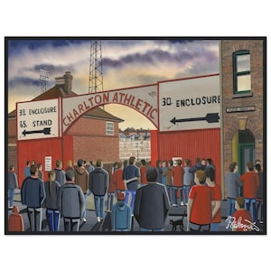Charlton, Retro Valley Football Stadium. Standard Wooden Framed Poster. Wall Art Football Club FC, Gifts, Athletic Supporters Memorabilia