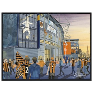 Estadio de fútbol del Hull C. Póster estándar con marco de madera. Arte mural del FC Football Club, regalos, recuerdos de la afición del City.