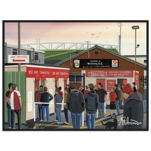 Woking, Kingfield Football Stadium. Standard Wooden Framed Poster. Wall Art Football Club FC, Gifts, Cards Supporters Memorabilia