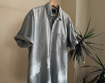 Mens 100% Cotton Denim SS Button Down Shirt - XL