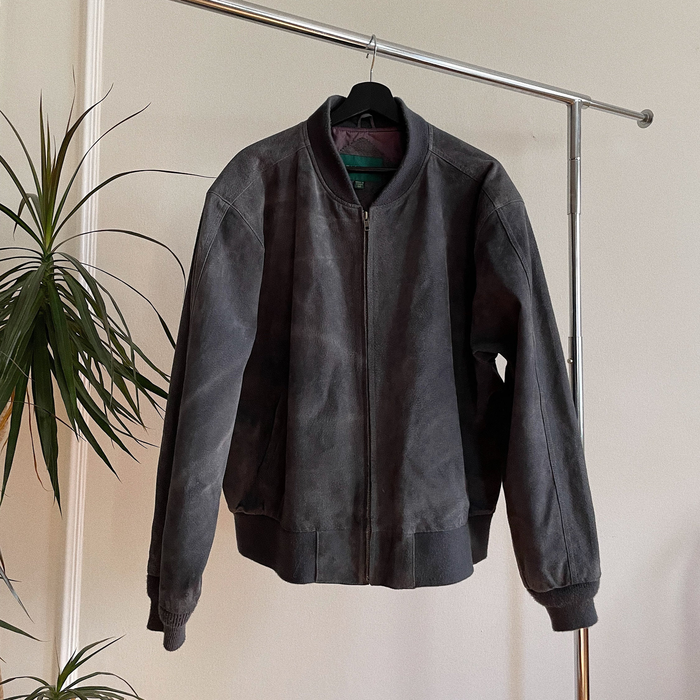 Gray leather 2025 bomber jacket