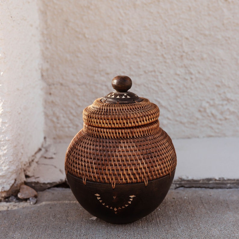 Vintage Wood Rattan Lombok Lidded Jar w/ Mother of Pearl Etsy
