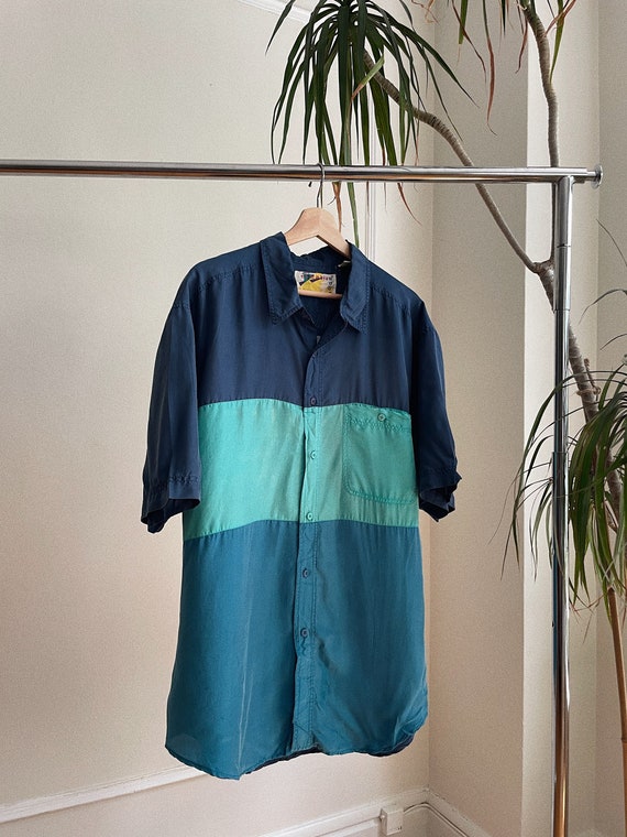 Vintage Mens Blue 100% Silk Button Down Shirt - XL - image 1