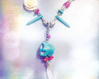 The Hunter Tribal Warrior Raw Quartz Skull and Roses Aztec-Inspired Beaded Necklace Red Coral and Turquoise beads