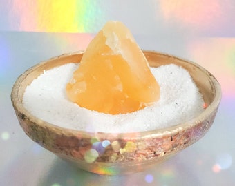 Orange Calcite crystal garden in Small Glass Bowl with Mixed Golden Flakes, PERFECT for CRYSTAL GARDENS, lovely gift for a special person