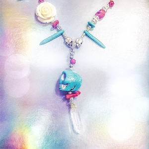 The Hunter Tribal Warrior Raw Quartz Skull and Roses Aztec-Inspired Beaded Necklace Red Coral and Turquoise beads