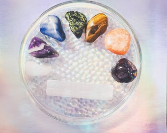 Practical Magick Collection: Healing Chakra Crystal set with Glass Plate and Thick Selenite Sticklette