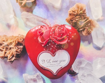Selenite rosette and clear quartz crystal gift set. Grade A Desert Gypsum Rose from Morocco in a heart-shaped tin can for Valentine's Day!