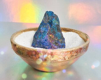 Chalcopyrite (Peacock ore) from MEX crystal garden in small Golden Glass Bowl, Perfect for CRYSTAL GARDENS, lovely gift for a special person