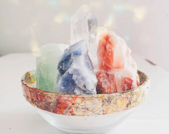 Rose Quartz crystal garden in Small Glass Bowl with Mixed Golden Flakes, PERFECT for CRYSTAL GARDENS, perfect gifts for a special person