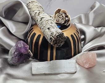 Practical Magick Collection: The Basics giftset includes gold dripped bowl, 9" white sage stick, selenite, amethyst drusy, rose quartz chunk