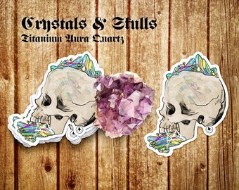 Titanium Aura Quartz Crystal Skull! Illustrated quartz and Amethyst Jewelry handmade with Raw Minerals Stickers perfect for your favorite