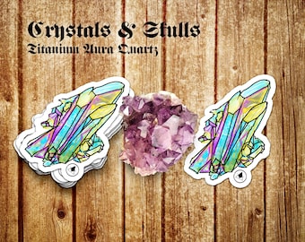 Titanium Aura Quartz Crystal! Illustrated quartz and Amethyst Jewelry handmade with Raw Minerals Stickers perfect for your favorite