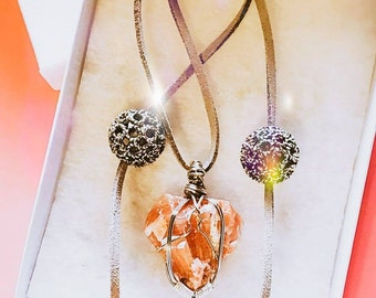 Colorful Calcite from Mexico Suede cord, wire wrapped with tarnish resistant wire. Choose your crystal