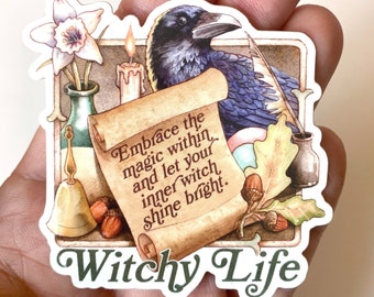 May include: A sticker with a vintage illustration of a raven, a candle, a quill, and a scroll with the text "Embrace the magic within and let your inner witch shine bright." The sticker also has the text "Witchy Life" in green.