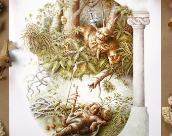 Stampa artistica della Bella Addormentata: avventuriero fantasy e acquerello di goblin