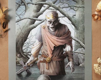 Stampa artistica fantasy Zombie King: decorazione da parete in acquerello per giochi di ruolo