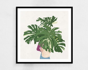 Monstera plant in de armen van een vrouw - Illustratie