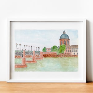 Toulouse, vista da ponte Saint-Pierre e do Dôme de la Grave - Reprodução em aquarela