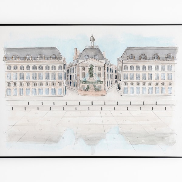 Bordeaux Place de la Bourse and Miroir d'eau - Watercolor reproduction