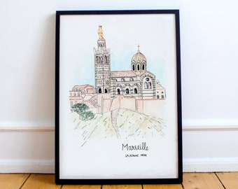 Marseille, La Bonne Mère, Basiliek van Notre-Dame de la Garde - Aquarel reproductie