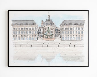 Bordeaux Place de la Bourse et Miroir d’eau - Reproduction aquarelle