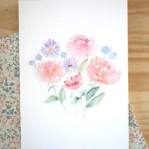 Pioenrozen en wilde bloemen Aquarel reproductie afbeelding 4