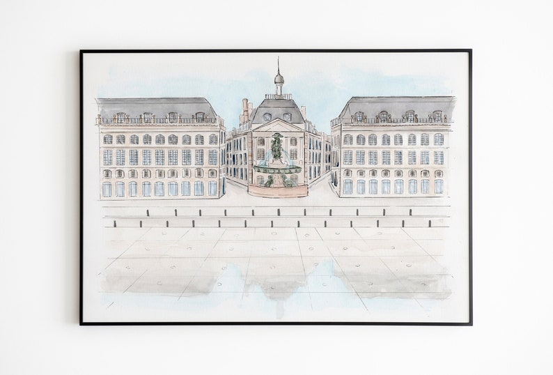 Bordeaux Place de la Bourse und Miroir d'eau Aquarellreproduktion Bild 1