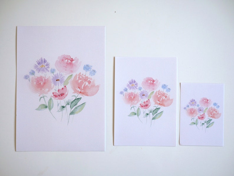 Pioenrozen en wilde bloemen Aquarel reproductie afbeelding 2