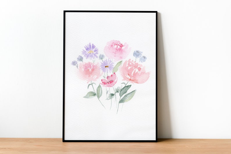 Pivoines et fleurs sauvages Reproduction aquarelle image 1