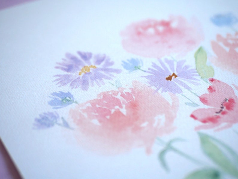 Pioenrozen en wilde bloemen Aquarel reproductie afbeelding 3