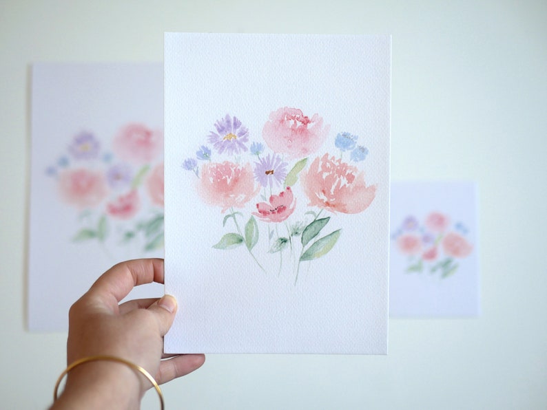 Pioenrozen en wilde bloemen Aquarel reproductie afbeelding 5