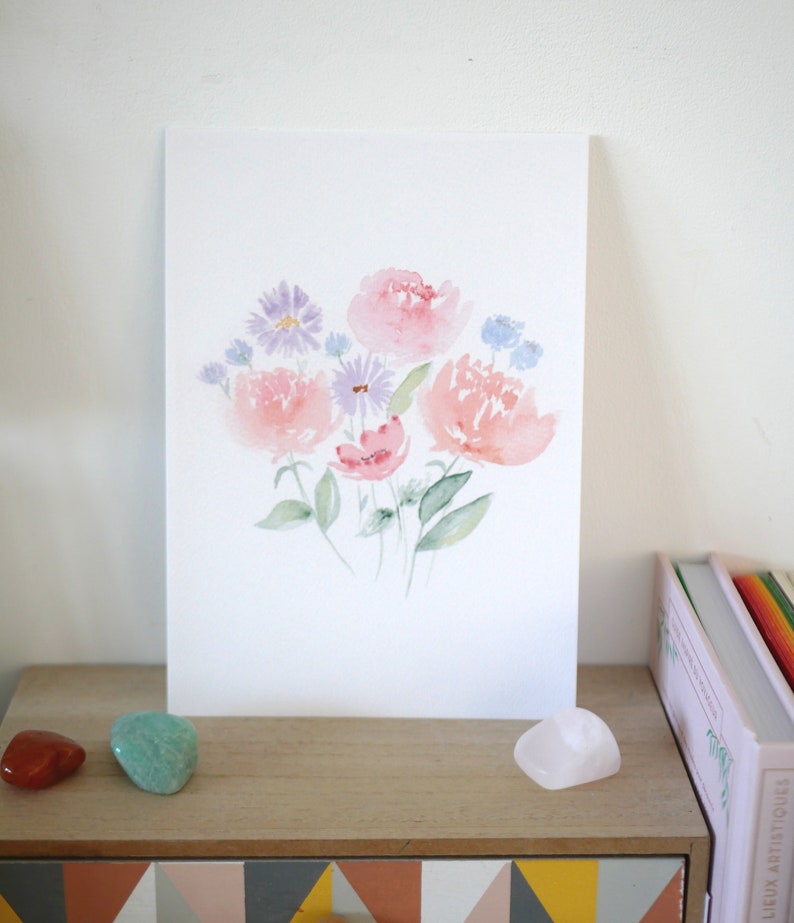 Pioenrozen en wilde bloemen Aquarel reproductie afbeelding 6