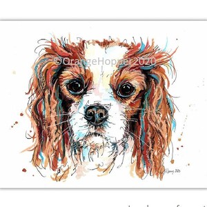 Blenheim Cavalier King Charles Spaniel print / dog puppy watercolour / pet portrait painting illustration / living room art / gift