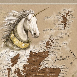 Illustrated Map of Scotland, with Scottish National Animal the Unicorn. Great Gift for any Fan of Scotland