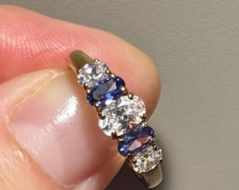 925 Silver Gilt 5 CZ & Tanzanite Type Stoned Ring Size M 1/2