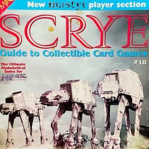 May include: A magazine cover for the collectible card game magazine "Scrye" featuring a Star Wars AT-AT walker. The cover text reads "11-card Jedi Pack Inside!" and "New master player section". The magazine is issue #18 and is dated February 1997.
